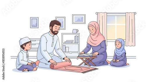 Muslim Parents Teaching Child to Pray at Home