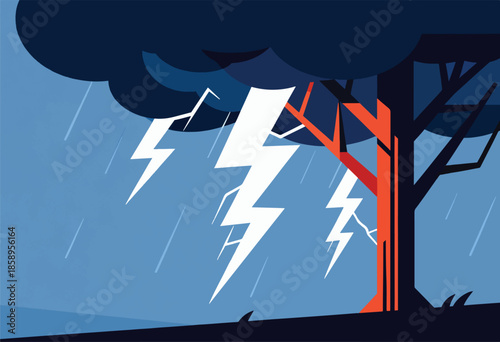 Stormy sky with tree and lightning strikes