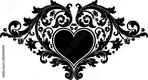 Elegant heart with floral ornaments for Valentine's Day designs, weddings, or romantic cards; timeless love symbol, decorative, scalable for any project