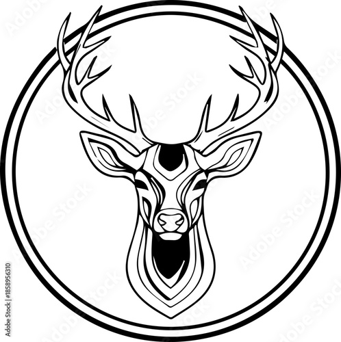 Majestic deer head emblem with intricate linework, perfect for hunting clubs, outdoor brands, or rustic-themed designs with a touch of wilderness charm