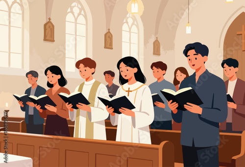 Diverse group singing hymns in church