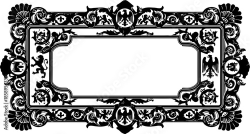 Elegant vintage frame with ornate floral details and heraldic elements providing a classic touch, perfect for invitations, certificates, or design projects
