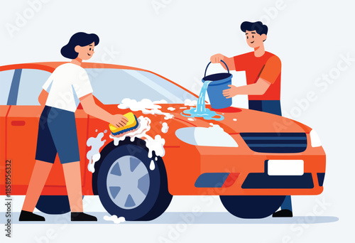 Two people wash an orange car with soap and water