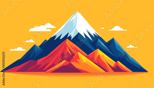 Colorful illustration of a mountain range with snow-capped peak against a yellow background.