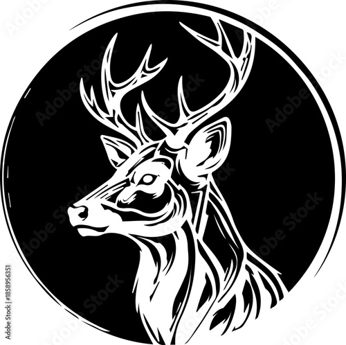 Majestic deer head with impressive antlers, striking wildlife emblem for nature lovers, outdoors enthusiasts, and rustic design projects, originally vector art