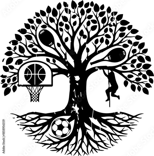 Dynamic sports tree illustration showcasing active lifestyle and growth, perfect for family, fitness, and community projects with a classic timeless feel