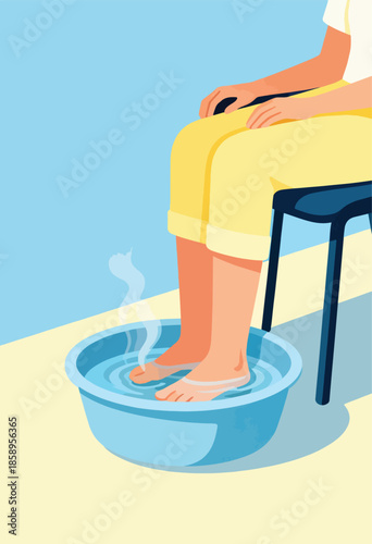 Person soaking feet in steaming basin of water