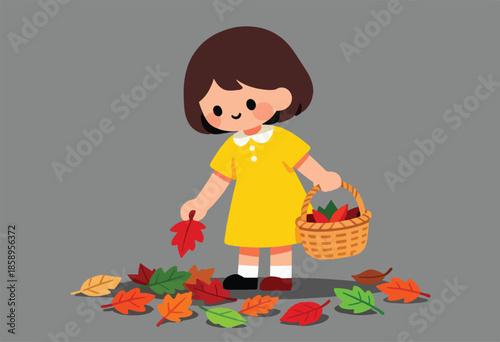 Cartoon child in yellow dress collecting colorful autumn leaves in a basket