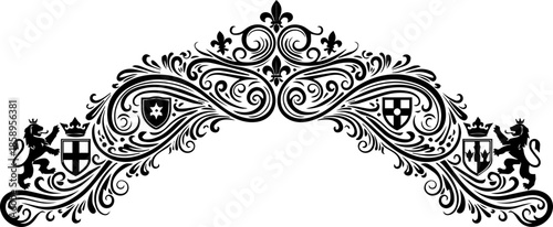 Elegant heraldic crest design with lions and shields, perfect for royal invitation cards, vintage logos, and sophisticated branding projects needing a regal touch