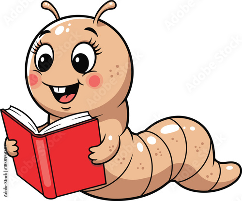 Cute cartoon bookworm character reading a red book and smiling, adorable caterpillar mascot for education, storytelling, and childhood learning success (20 words)