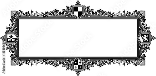Elegant ornamental black frame with shield accents, perfect for vintage invitations, heraldry designs, or classic certificates, adding a touch of regal sophistication