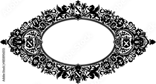 Elegant vintage frame for custom design projects, ornate heraldic border with griffins & crests, perfect for invitations, logos, or sophisticated branding