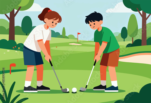 Kids playing golf on a sunny day at the course