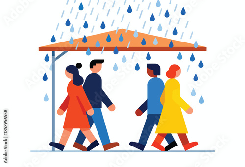 Stylized figures walk together under a large umbrella, protected from falling raindrops