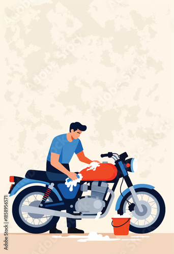 Man washing an orange and blue motorcycle with a sponge and bucket