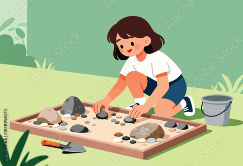 A young person kneels in a sandbox, arranging stones with a small shovel nearby and a bucket beside them