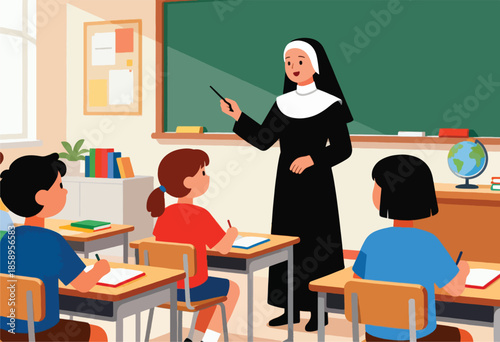 A nun teaches children at desks in a classroom, with a globe visible