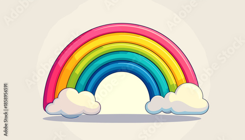 Cartoon rainbow with pink, yellow, green, and blue stripes, resting on fluffy white clouds.