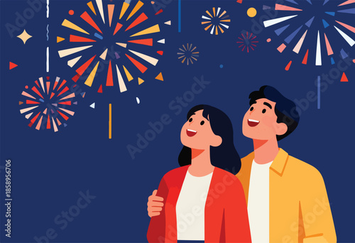 Couple enjoys vibrant fireworks display against a dark blue night sky