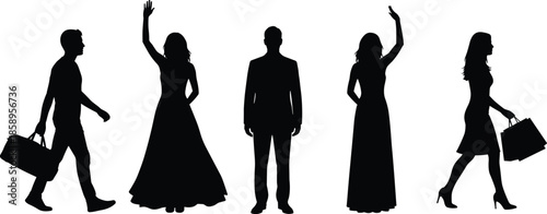 Diverse collection of people silhouettes including business professionals, medical staff avatars, workers with tools, and elegant figures on white background