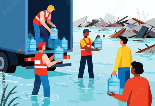 Volunteers distribute water bottles from a truck amidst flood debris