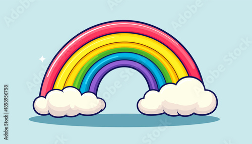 Cartoon rainbow with clouds on a light blue background, vector illustration.