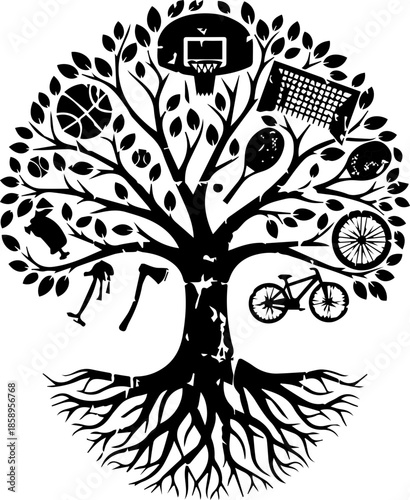 Dynamic tree of life filled with fun sports and outdoor recreation equipment for healthy lifestyle inspiration and active family adventures
