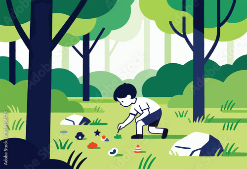 A child kneels in a grassy clearing surrounded by trees, examining small objects