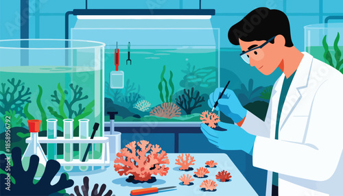 Scientist examines coral samples in a lab setting