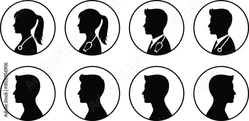 Diverse medical professional avatar icons, doctor and nurse silhouettes with stethoscopes in circles, healthcare staff profile headshots for web design