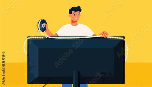 Flat man installs LED strip lights around the back of a large screen