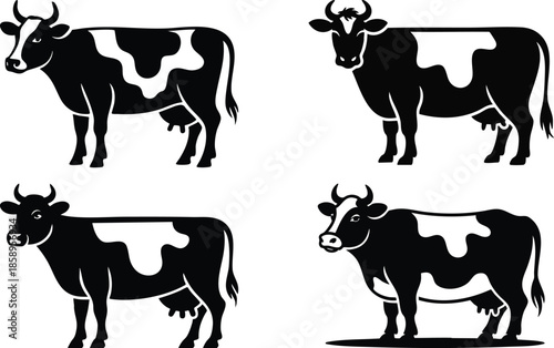 Black and White Spotted Cow Silhouette Graphics, illustration, vector, silhouette.