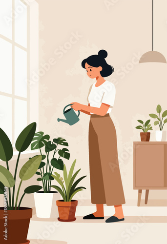 A person watering houseplants indoors near a window