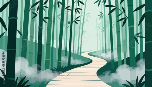 A winding path through a serene bamboo forest with misty surroundings