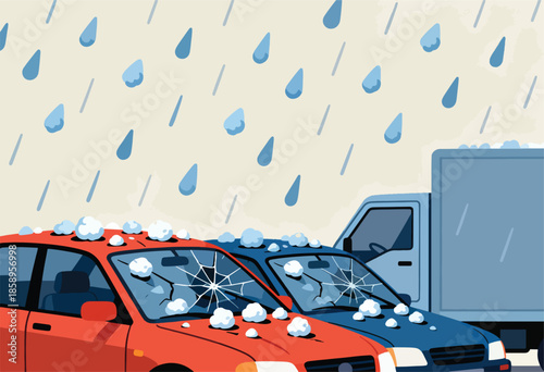 Cars damaged by hail, windshields cracked, under a sky of falling rain