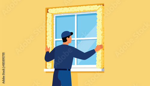Worker sealing window frame with foam insulation