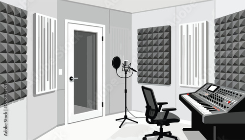 Recording booth with soundproofing, mixing console, mic, and chair