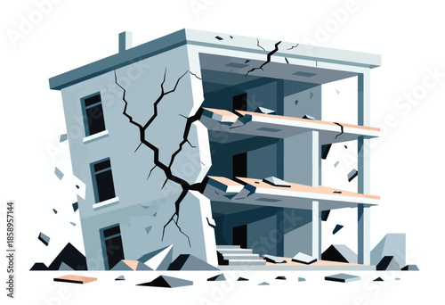 Collapsed building with large cracks and debris, abstract illustration