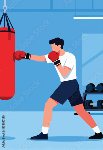 A person in boxing gloves punching a red punching bag in a gym