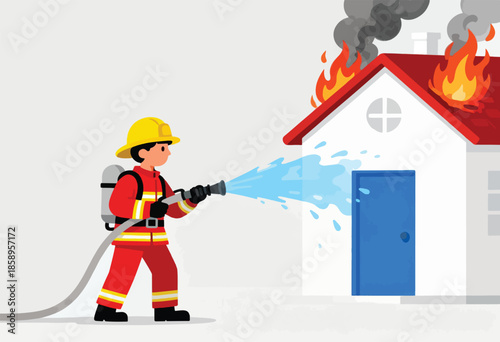 A firefighter in uniform sprays water on a burning house