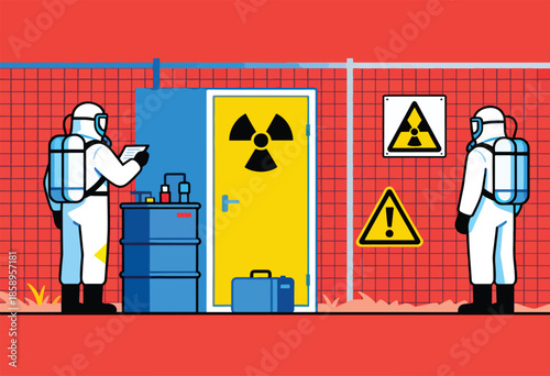 Workers in hazmat suits near a restricted area with hazard symbols