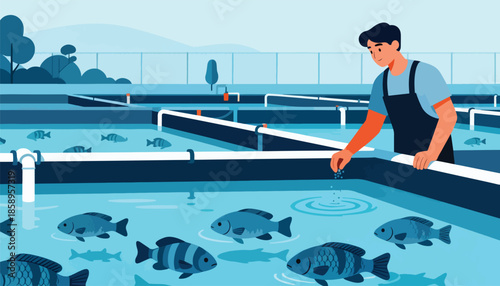 A person feeding fish in a large aquaculture pond with surrounding trees and sky