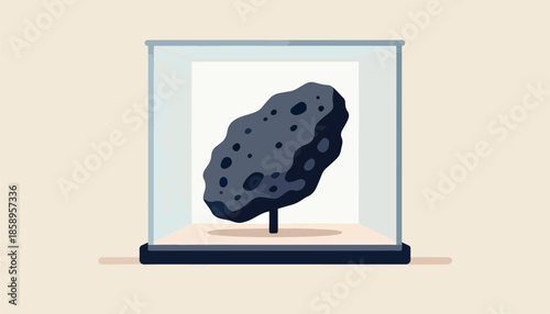 A dark, porous rock is displayed within a clear glass enclosure on a stand
