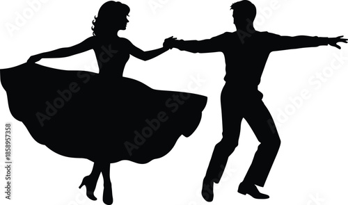 Elegant black silhouette of a ballroom dancing couple in a graceful pose, woman in full skirt and man in suit,