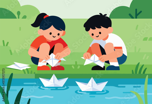 Two children enjoying a sunny day, launching paper boats on a gentle stream