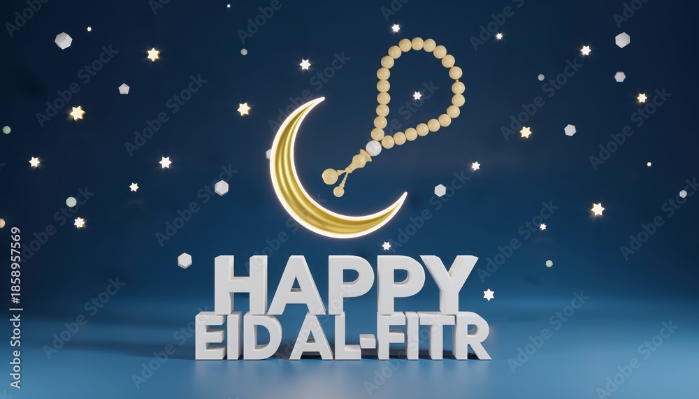 Naklejka premium Modern 3D crescent moon and prayer beads with Happy Eid al-Fitr text on night sky