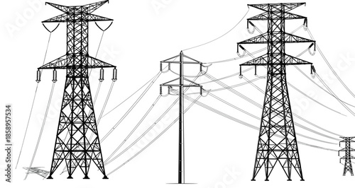 High voltage transmission towers and power lines illustration, electricity pylon set for energy industry, infrastructure engineering, and power supply network (20 words)