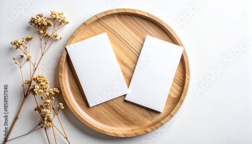 Blank Business Card Mockup on Wooden Plate Flat Lay