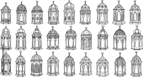 Black and White Line Art Islamic Lanterns Collection, Ramadan Arabic Ornaments