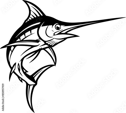 Stylized Black and White Swordfish Marlin Fish Mascot Illustration